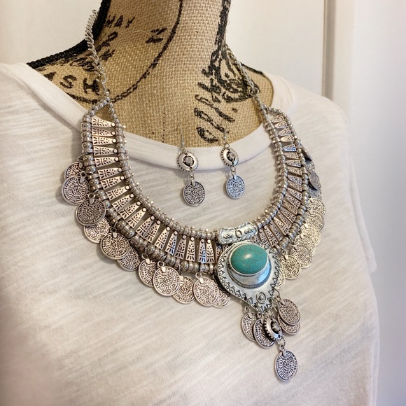 NWT Silver Coin Statement Necklace & Earrings Set with Turquoise Accent - Picture 3 of 14